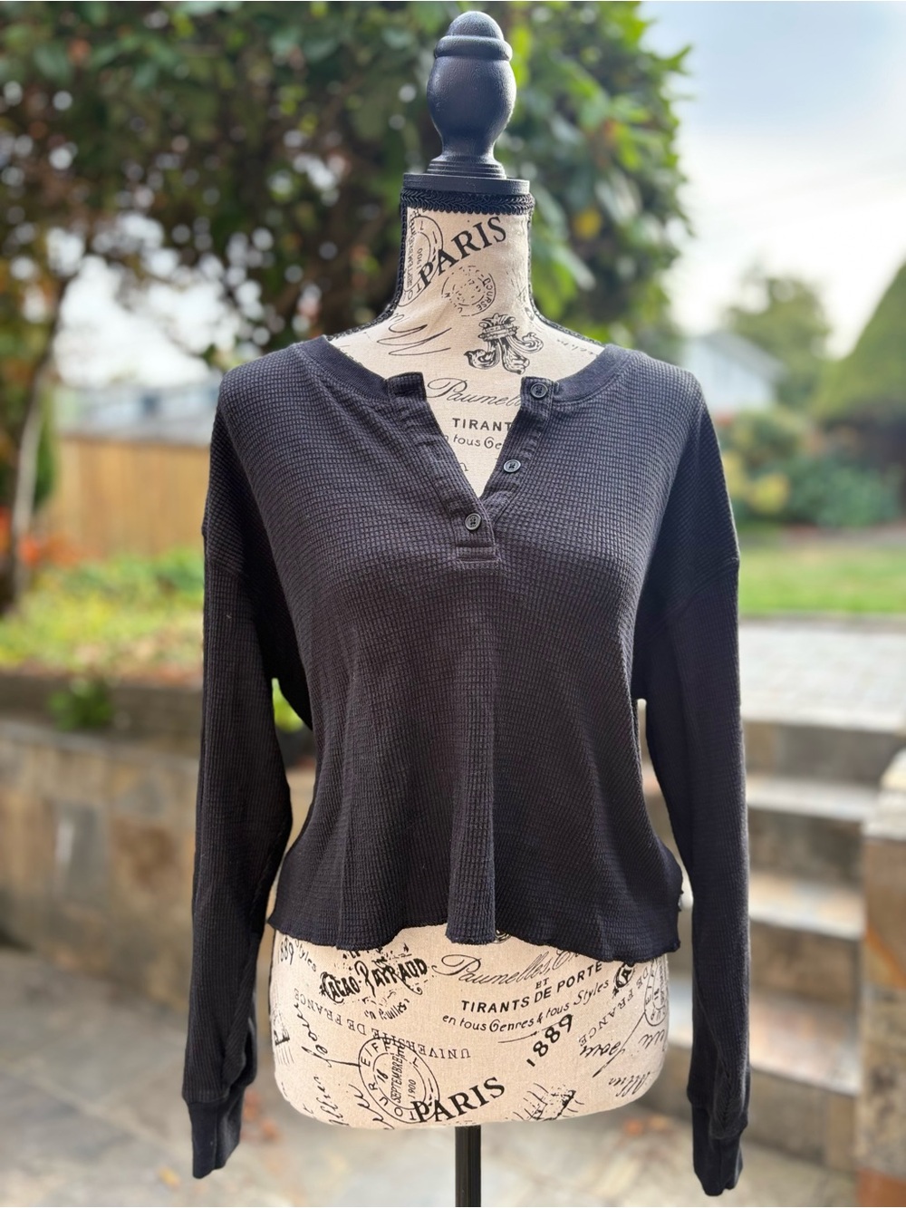 TNA Black Waffle Knit Henley Long Sleeve Top